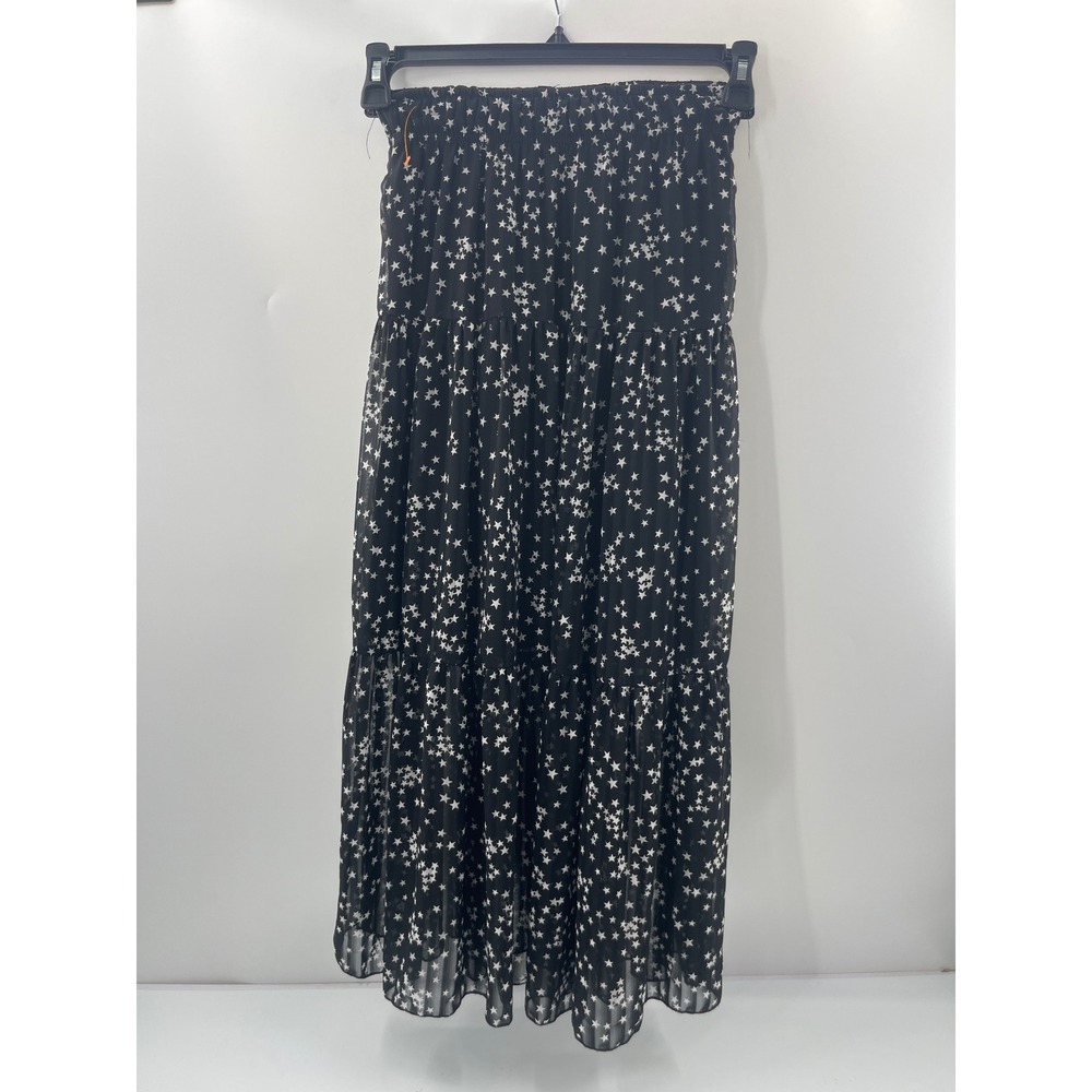 Altar'd State Black Star Print Tiered Maxi Skirt Smocked Waist Celestial XS